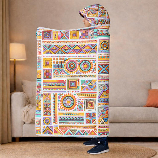 Boho Tribal Fleece Hooded Blanket, Oversized Wearable Blanket