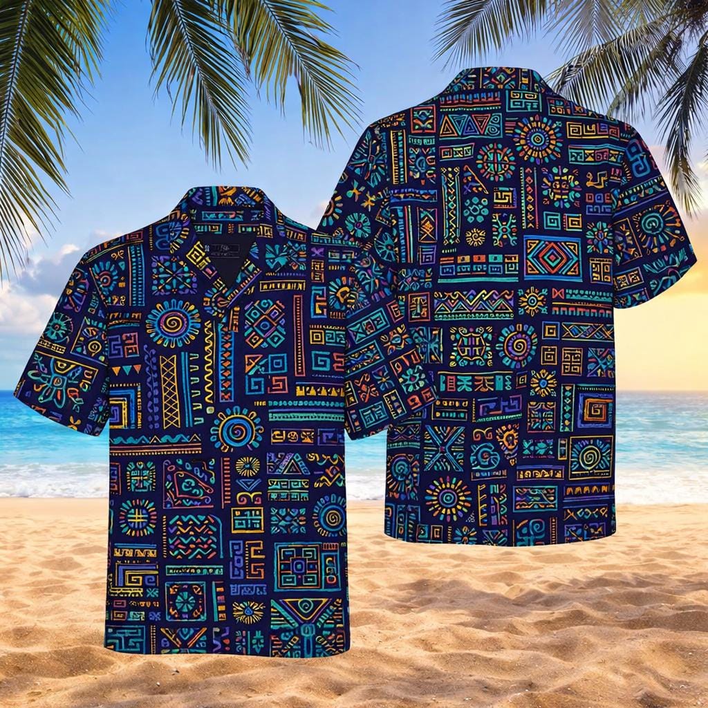 Neon Aztec Hawaiian Shirt, Tribal Geometric Aloha Button-Up
