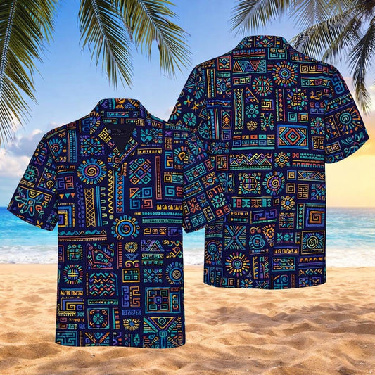 Neon Aztec Hawaiian Shirt, Tribal Geometric Aloha Button-Up