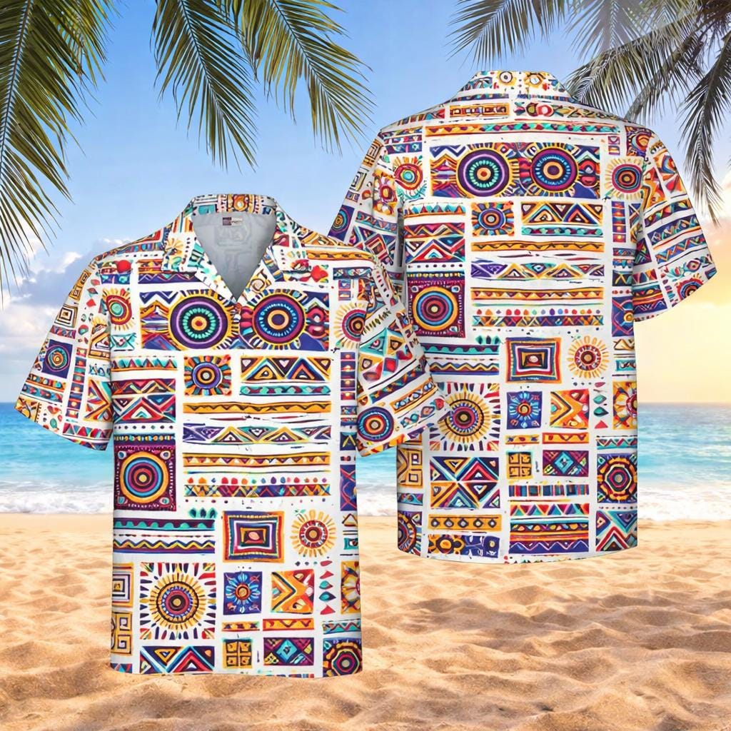Neon Aztec Hawaiian Shirt, Tribal Geometric Print, Unisex Aloha Shirt