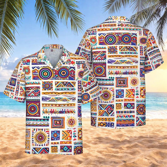 Neon Aztec Hawaiian Shirt, Tribal Geometric Print, Unisex Aloha Shirt