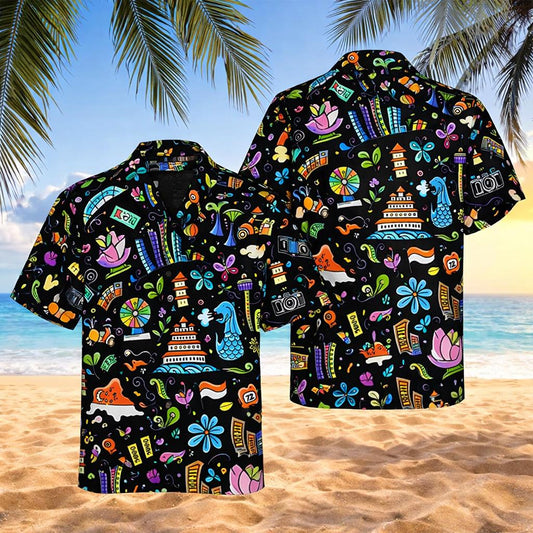 Travel Doodle Hawaiian Shirt, Colorful Aloha Button Up, Summer Vacation Tropical Print