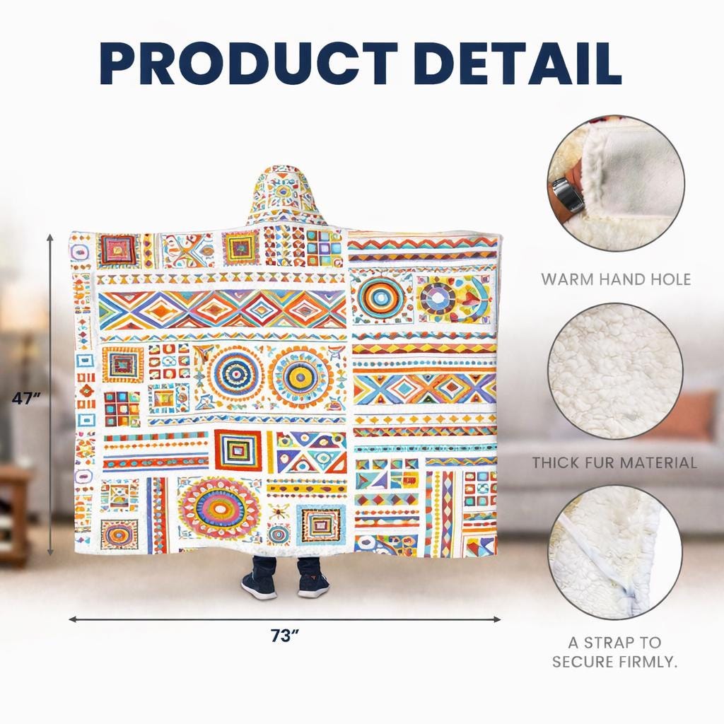 Boho Tribal Fleece Hooded Blanket, Oversized Wearable Blanket